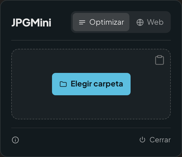 Así se ve la app: su nombre, los modos Optimizar y Web, y el botón Elegir carpeta